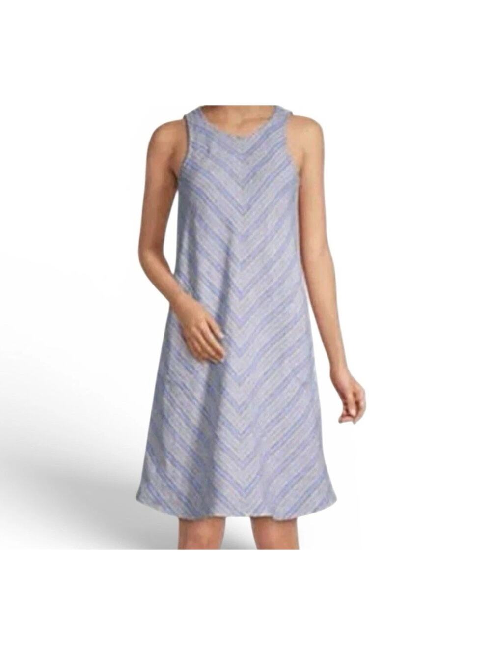 Lands End Dress Linen Blue Stripes XLarge P 18 w/Pockets Button At Neck Relaxed